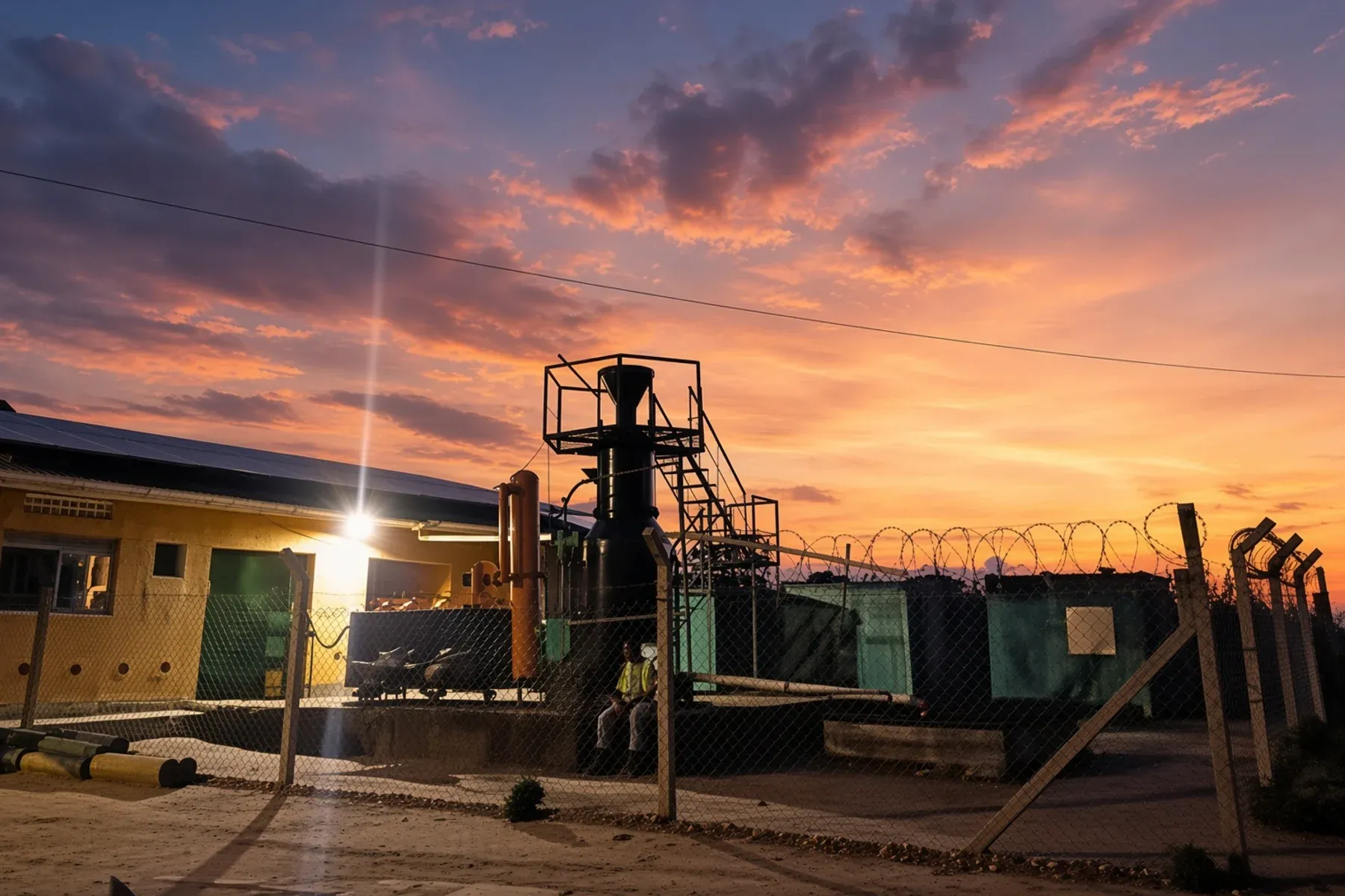 The Got Ngur mini grid at dusk, the gasifier silhouetted against the sky