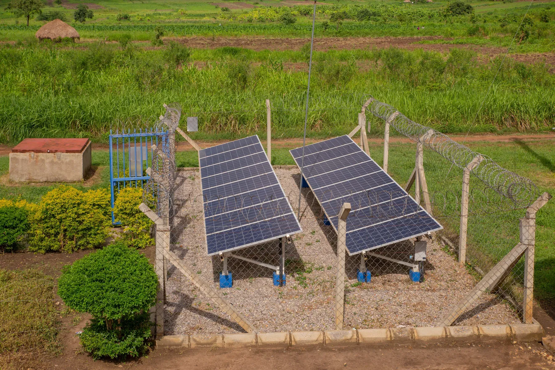 A small fenced ground-mounted solar array in a village compound